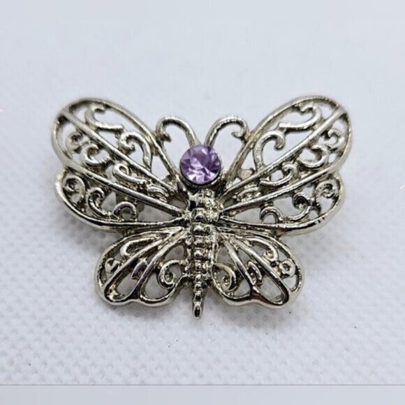 Silver Tone Amethyst Simulant Butterfly Brooch Pin - Picture 3 of 4